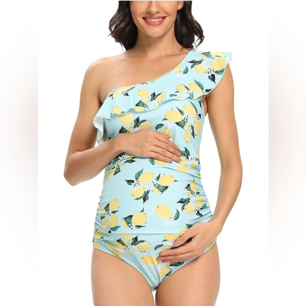 Lemon Print One Piece Maternity Swimsuit One Shoulder Built In Bra Womens Large
